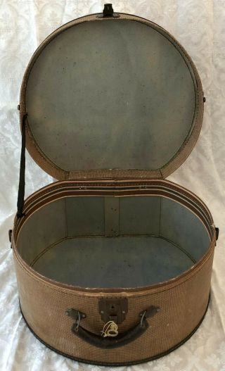 RARE VTG 1930 ' s TWEED Hard SUITCASE LUGGAGE Hat Hatbox Train CASE STRIPES KEY 8