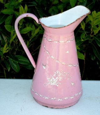 French Vintage Pink Enamelled Pitcher Jug Graniteware 14 "