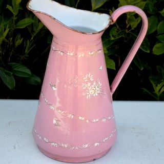 French vintage pink enamelled pitcher jug graniteware 14 