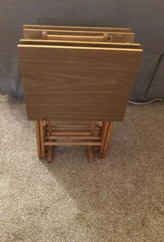 Vintage Scheibe Set Of Four Folding Tv Trays Wooden With Stand.