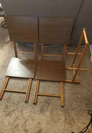 Vintage Scheibe Set Of Four Folding TV Trays Wooden With Stand. 2