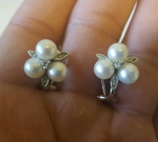 Vintage 14k Solid White Gold Diamond And Pearls Clip On Earrings 6.  7gram