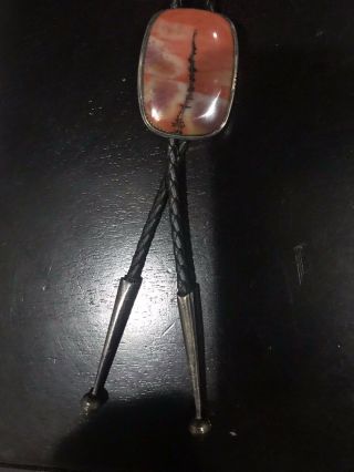 Vintage Agate Sterling Silver Bolo Tie With Silver Tips 2