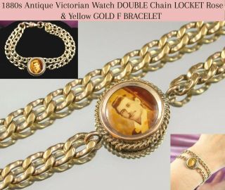 1880s Antique Victorian Watch Double Chain Locket Rose & Yellow Gold F Bracelet