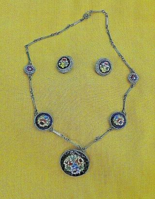 Vintage Italian Glass Micro Mosaic Set Of Necklace & Earrings From The 1930s/40s