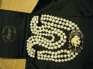 Vtg Italian Menorca Large Cameo Clasp 3 Strand Knotted Baroque Pearl 23 " Necklace