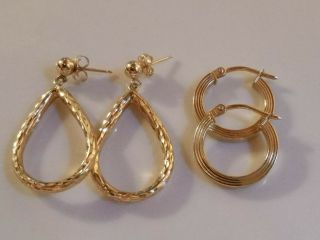 14k Solid Gold Dangle Hoop Earrings Pierced 2 Pairs Not Scrap