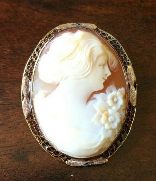 Cameo Necklace Pendant Brooch Pin 14k Yellow Gold Woman