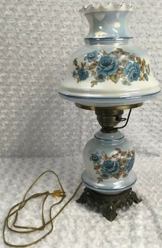 Vintage Hurricane Lamp Blue Roses 3 Way.  22 " X12 " 9 " Ruffled Top Double Globe