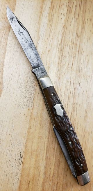 Vintage Winchester Trade Mark Knife/ 2869 Jigged Bone Gunstock Pocket Knife/ Usa