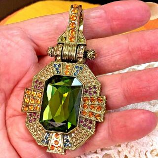 Vintage Heidi Daus Pendant Emerald Cut Peridot Green Crystal Citrine & Sapphire