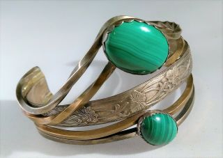 Vintage Artisan Crafted Sterling Silver Brass Bracelet Cuff Malachite Stones Kw