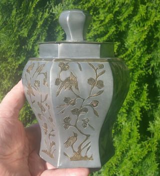 Pewter Antique Chinese Tea Caddy Tobacco Humidor Ginger Jar Vtg Vase Cannister
