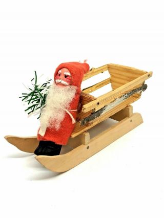 Wc1 Vintage Germany Felt & Composition Santa In Wood Sleigh 7 "
