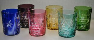 Rare - Vintage Ajka Multi Colored Cut To Clear Rocks / Whiskey Glasses (set Of 6)