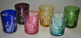 RARE - VINTAGE AJKA MULTI COLORED CUT TO CLEAR ROCKS / WHISKEY GLASSES (SET OF 6) 2