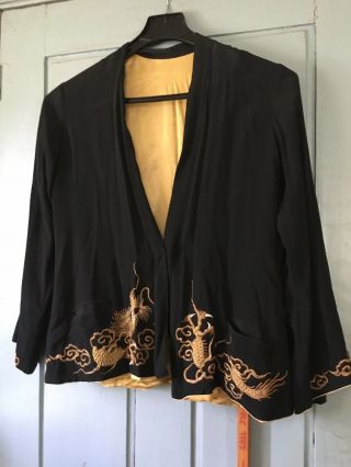Vintage Chinese Black Silk Gold Embroidered Robe Jacket Embroidery