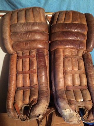 Vintage Leather And Horse Hide Hockey Goalie Leg Pads And Gloves.