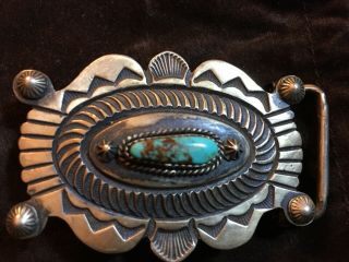 Vintage Signed Navajo Kb Keyonnie Begay Sterling Silver Turquoise Belt Buckle