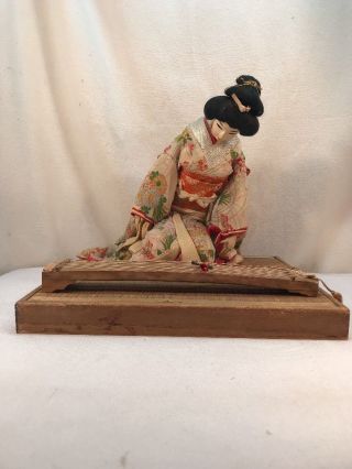 Vtg Japan Oriental Geisha Girl Musical Instrument Wood Base Silk Dress