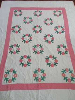Old Vintage Quilt Pink & White Hand Stitched Rose Of Sharon Flowers