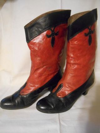 Rare Fab Antique Edwardian Red Black Leather Ladies Boots Very Detailed Exc
