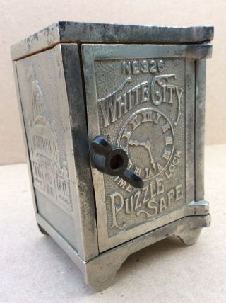 Vtg Cast Iron White City Puzzle Safe Bank Antique Cast Iron Still Bank Coin Bank