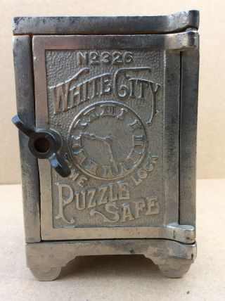 Vtg Cast Iron White City Puzzle Safe Bank Antique Cast Iron Still Bank Coin Bank 2