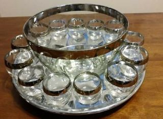 Vintage With Tray Dorothy Thorpe 15 Piece Silver Rimmed Punch Bowl Set 7