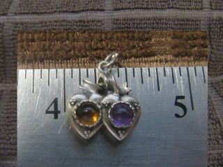 Unique Vintage Sterling 2 Hearts Attached Charm With Purple & Amber Stones