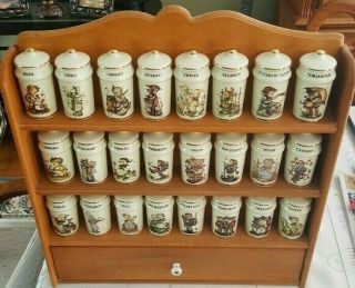 Vintage Hummel Spice Jars - Full Set Of 24 Porcelain Jars With Rack