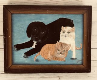 Vintage Naive Folk Art Painting Kittens Cat Dog Puppy Framed 10 X 14