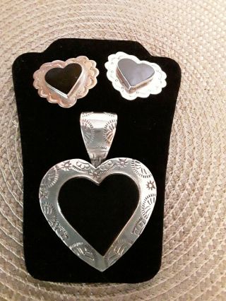 Vintage Mexico Huge Sterling Onyx Heart Pendant & Clip Earring Set
