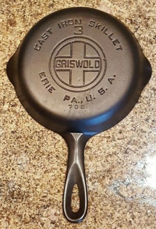 Vintage Restored Griswold 3 Large Logo Cast Iron Skillet P/n 709: Erie Pa,  Usa