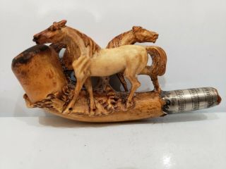 Vintage Meerschaum Hand Carved Pipe With Two Horses