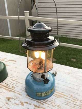 Vintage Blue Sears Double Mantle Lantern Coleman Pyrex Globe