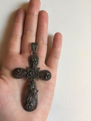 Rare Antique Christian Gift Vtg Lg French Sterling Silver Filigree Cross Pendant