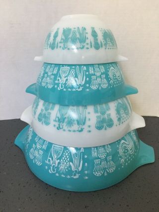 Vintage Pyrex Cinderella Mixing Bowls Amish Butterprint Turquoise Blue Set Of 4