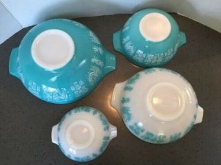 Vintage Pyrex Cinderella Mixing Bowls Amish Butterprint Turquoise Blue Set of 4 3