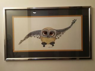 Vintage Glenn Heath Lithograph Print Big Owl Framed And Double Matted 28 " X17 "