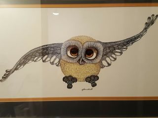 Vintage Glenn Heath Lithograph Print BIG OWL Framed and Double Matted 28 