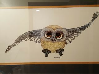 Vintage Glenn Heath Lithograph Print BIG OWL Framed and Double Matted 28 