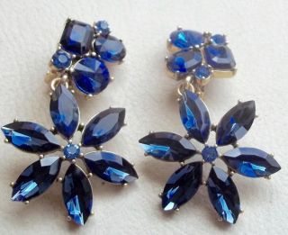 Oscar De La Renta Vintage Earrings Haute Couture Brilliant Sapphire Blue Rhinest