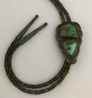 Vintage Old Pawn Navajo Sterling Silver & Natural Turquoise Bolo Tie