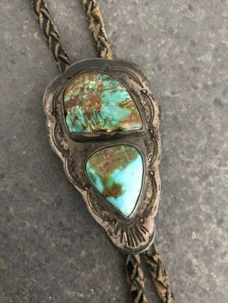 Vintage Old Pawn NAVAJO Sterling Silver & Natural Turquoise Bolo Tie 2