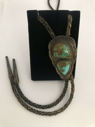 Vintage Old Pawn NAVAJO Sterling Silver & Natural Turquoise Bolo Tie 6