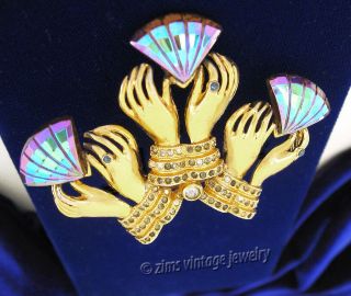 Rare Art Deco Gold Lady Hand Carnival Glass Fan Rhinestone Figural Dress Clip