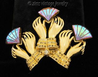 Rare ART DECO gold Lady HAND Carnival glass Fan rhinestone figural Dress CLIP 2