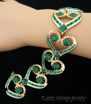 Vintage Rare Ora Signed Wide Emerald Green Rhinestone Heart Gold Link Bracelet