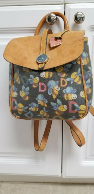 Vintage Bumble Bee Coated Canvas Leather Flap Dooney And Bourke Backpack Purse